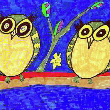 abstract hand drawn owls on a branch