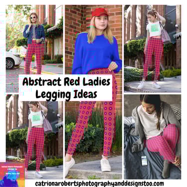 Images of 4 models wearing leggings with Abstract Red design on them.  