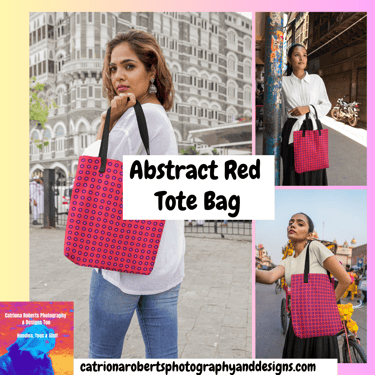 Digital image showing 3 models in various city locations carrying  a Tote bag with Abstract Red 