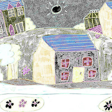 Abstract hand drawn houses and flowers 