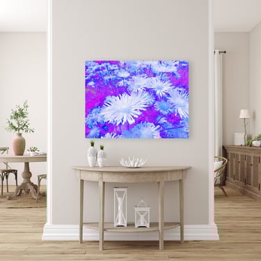 Canvas Wall Print with White Daisy Flowers on pink background, hanging on hall wall.