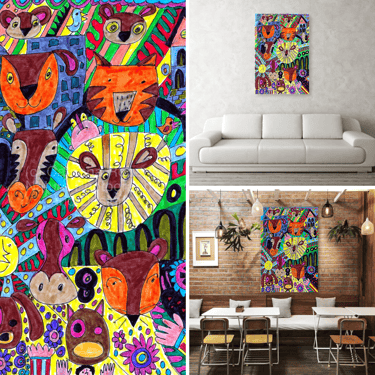 Design on a canvas print on a wall above a couch and on a cafe wall 