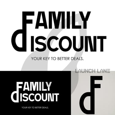 Branding and logo design concept for Family Discount, featuring bold typography and their motto 