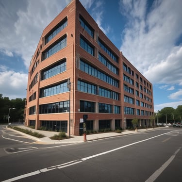 Four large waste bins in bright orange and blue colors are aligned against a dark green wall. Above them is a small rectangular window with wooden framing. The bins are placed on a paved surface marked with yellow lines.