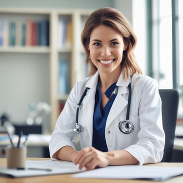 Smiling healthcare professionals discussing together in a modern dermatology office.