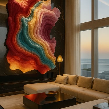 Mural 3D Chromatic Flow en salón de ático contemporáneo en Portugal— Pedro Alonso Studio.