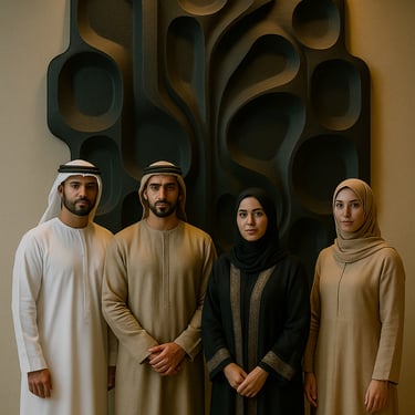 Grupo ante mural escultórico negro en lobby árabe contemporáneo — Pedro Alonso Studio.