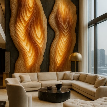 Dos paneles Organic Light con iluminación cálida en salón de lujo — Pedro Alonso Studio.