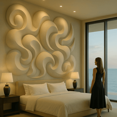 Dormitorio con mural escultórico Organic Light y vistas al mar en Italia— Pedro Alonso Studio.
