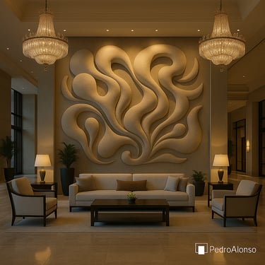 Gran lobby clásico con mural Organic Light iluminado — Pedro Alonso Studio.