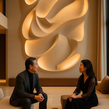 Conversación de pareja china en lounge con mural Organic Light beige y luz rasante — Pedro Alonso Studio.
