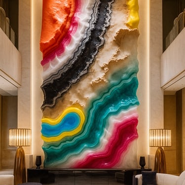 Mural vertical tipo geoda Chromatic Flow para lobby hotelero — Pedro Alonso Studio.