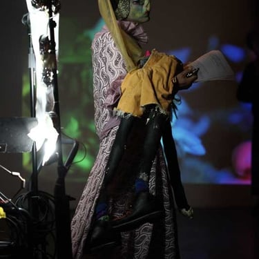 David Noir en duchesse lisant un texte | Votre enfant n'a qu'un oeil | Photo Bernard Bousquet