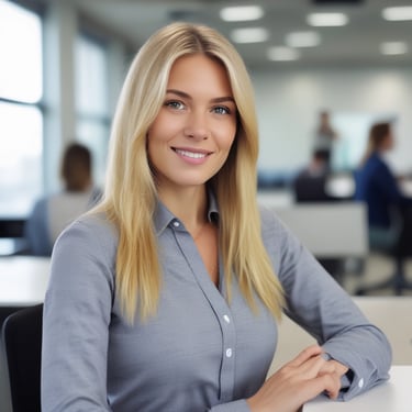 a woman with blonde hair and a gray shirt