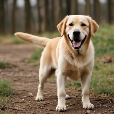 A dog with a brown and black coat is leaning on a wooden surface, eagerly trying to reach several dog treats scattered in front of it. The background features a grassy area with blurred details.