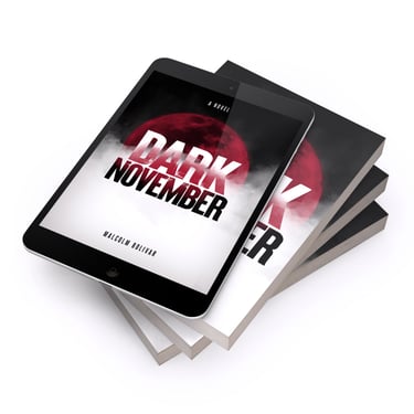 Dark November Ebook on top of a stack of paperback books