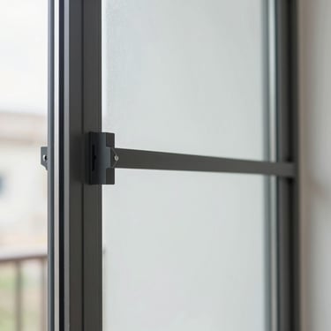 Close-up of double-glazed thermal glass pane showing clean metal frame details, bright daylight reflecting softly