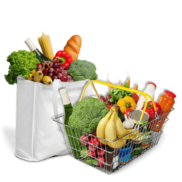 a shopping bagel and cart full of vegetable and fruits for grocery delivery service