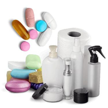 a variety of different types of soap, shampoo, medicines and tissue
