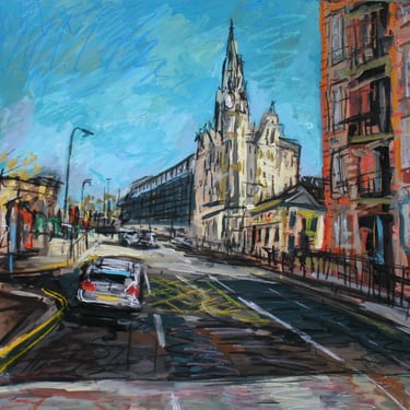 An original mixed media painting of the old Blind Asylum building in Glasgow, Scotland.