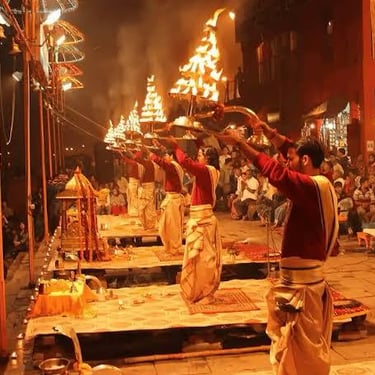 Ceremonial prayers on the bank of Ganges River at Varanasi