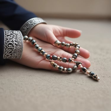 A person holding a book with a decorative cover featuring Arabic script and intricate patterns. The scene is set against a wooden background, suggesting calmness and introspection.