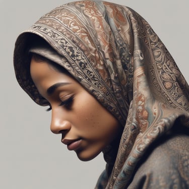 A person holding a book with a decorative cover featuring Arabic script and intricate patterns. The scene is set against a wooden background, suggesting calmness and introspection.