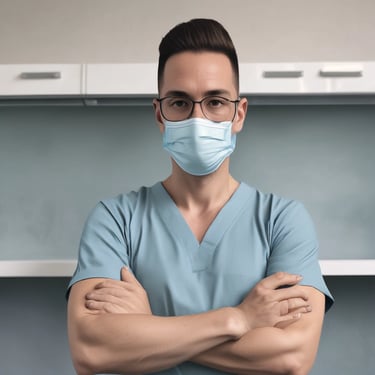 A person wearing a white shirt, tie, and surgical mask uses a stylus on a tablet device. They have a gray backpack and are in an interior space with shelves filled with books or similar items in the background.