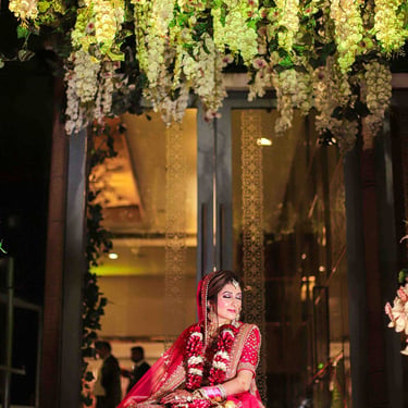 Bridal photoshoot at a colourfully lit wedding venue in Gurgaon