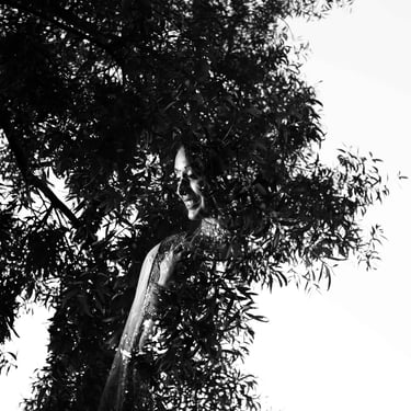 Creative artistic bridal photography featuring trees and natural light