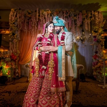 Wedding photography of bride at an illuminated evening venue
