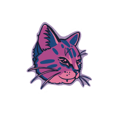 An illustration of a cat's face, the cat has stripes and a spiked tooth and is looking to the side.
