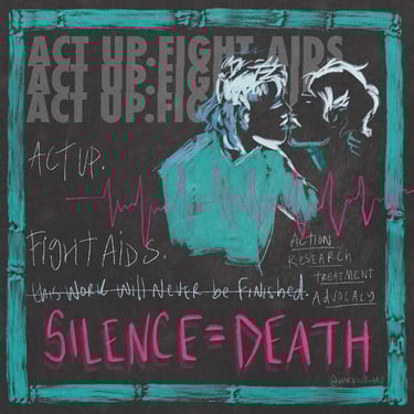 An illustration of two men kissing, text says 'act up fight aids, silence equals death'.