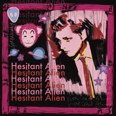 An illustration of Gerard Way with stars, planets, and a pink monkey, text says 'Hesitant Alien'.