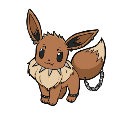 An illustration of Eevee but with punk aesthetics, they are wearing a spiked collar and chain, with piercings.