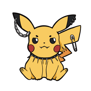 An illustration of Pikachu, but with punk aesthetics, they are wearing a spiked collar, earrings, and a safety pin.