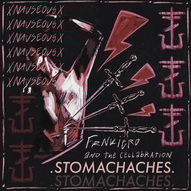 An illustration of a masculine figure with three swords pointing to the belly, text says, 'Frank Iero, Stomachaches'.