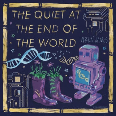 An illustration of a toy robot, & welly boots with plants, text says, 'the quiet at the end of the world, Wren James'.