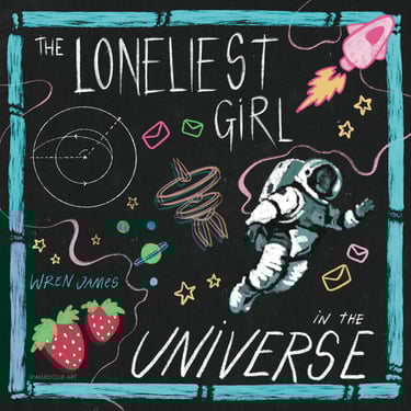 An illustration of an astronaut with stars, strawberries & rockets, text says 'the loneliest girl in the universe'.