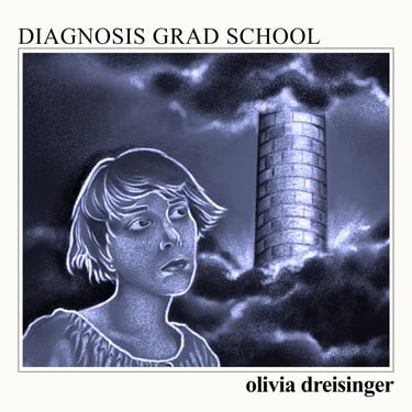 Digital drawing of Olivia staring up towards a tower, partially obscured by dark, ominous clouds.