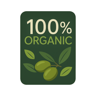 100% Organic certified olive oil badge with olive branch icon