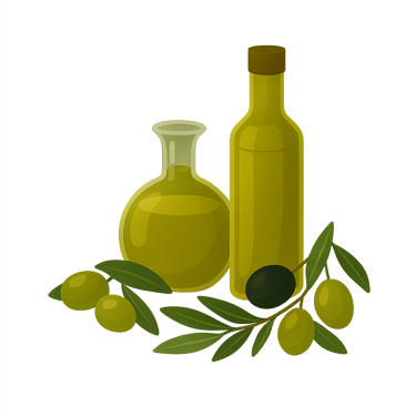 Illustration of olive oil bottles and fresh olives, representing premium quality