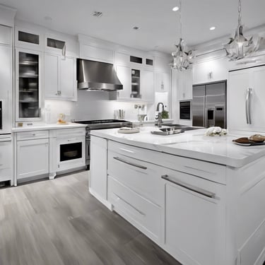 Newly renovated open-concept white kitchen in Toronto with modern lighting, white cabinets, and marble-style countertops.