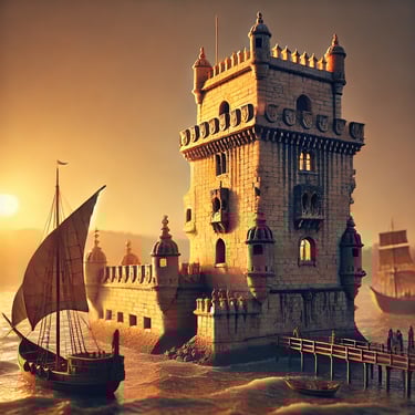 a boat sailing past a castle like structure Belem Tower