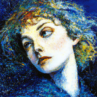 a painting of a woman with a blonde hair swiming in blue