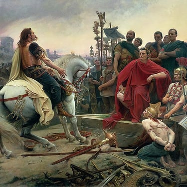 La pintura representa la rendición del jefe galo después de la batalla de Alesia (52 a. C.). La representación de los galos c
