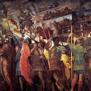 Los triunfos de César: trompeteros y portaestandarte. {{PD-US}}