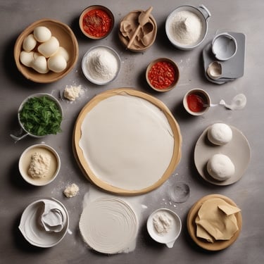 massas de pizza e molhos postos em uma mesa