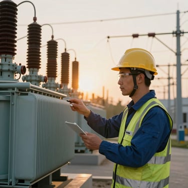 High-voltage electrical engineer in safety gear, looking at a substation transformer setup, dramatic golden hour lighting.