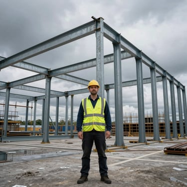 Construction director in high-visibility vest standing before massive steel framing, overcast moody sky.